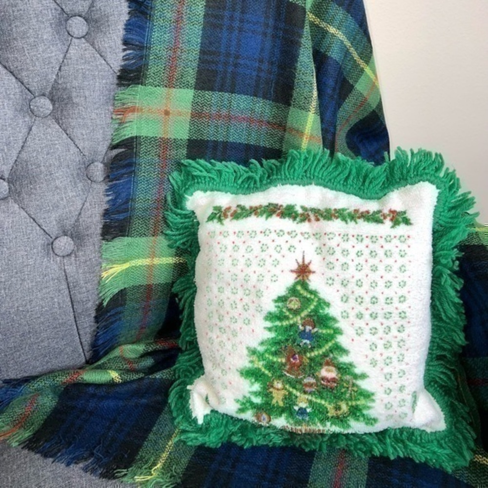 Vintage Terry Cloth Christmas Tree Throw Pillow with Fringe